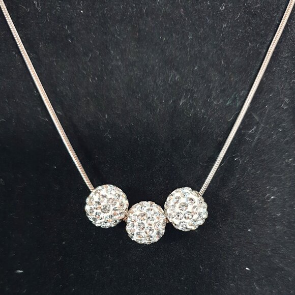 Elegant 925 Sterling Silver Pave Crystal Triple Ball Bead Necklace - Picture 4 of 10